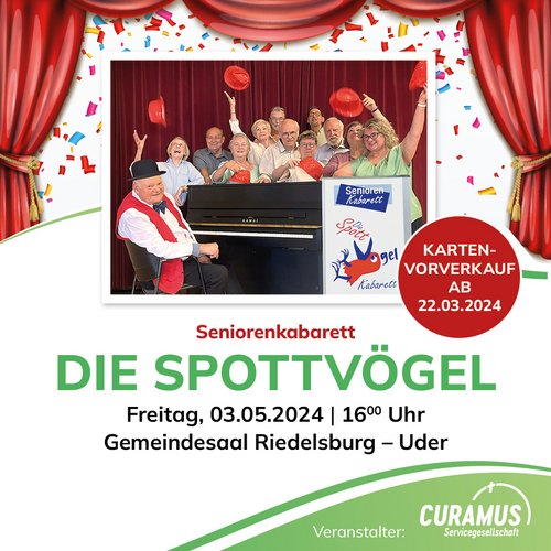 Seniorenkabarett: Die Spottvögel Am Freitag, 03.05.2024 ab 15.00 Uhr im Gemeindesaal "Riedelsburg" in Uder
